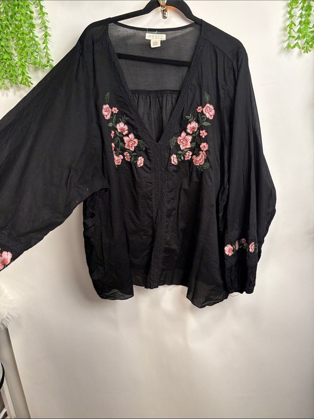 Cotton Black Floral Embroidered V-Neck Blouse
